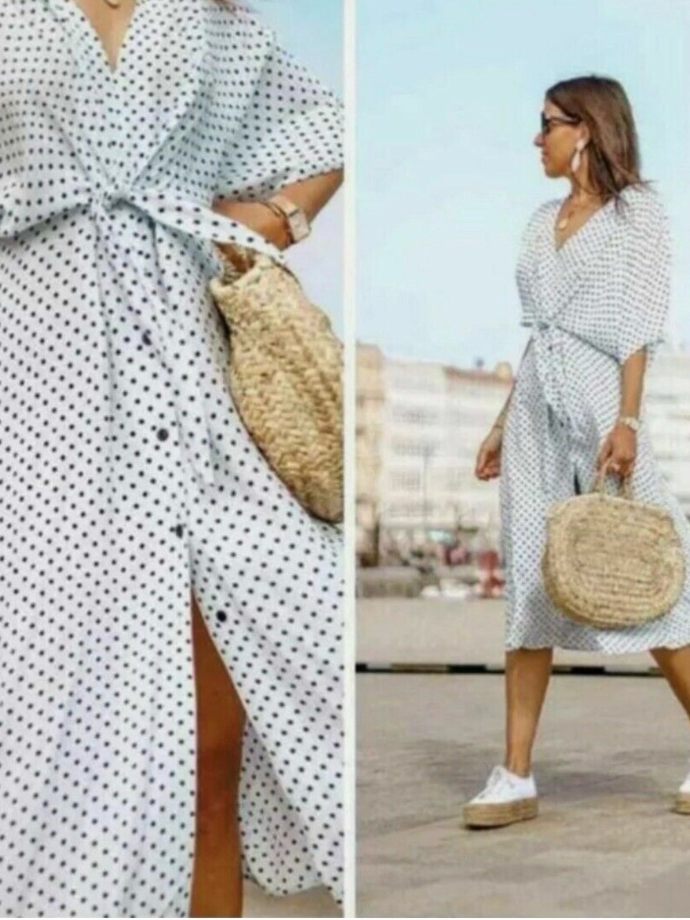 Zara White Midi Dress with Black Polka Dots